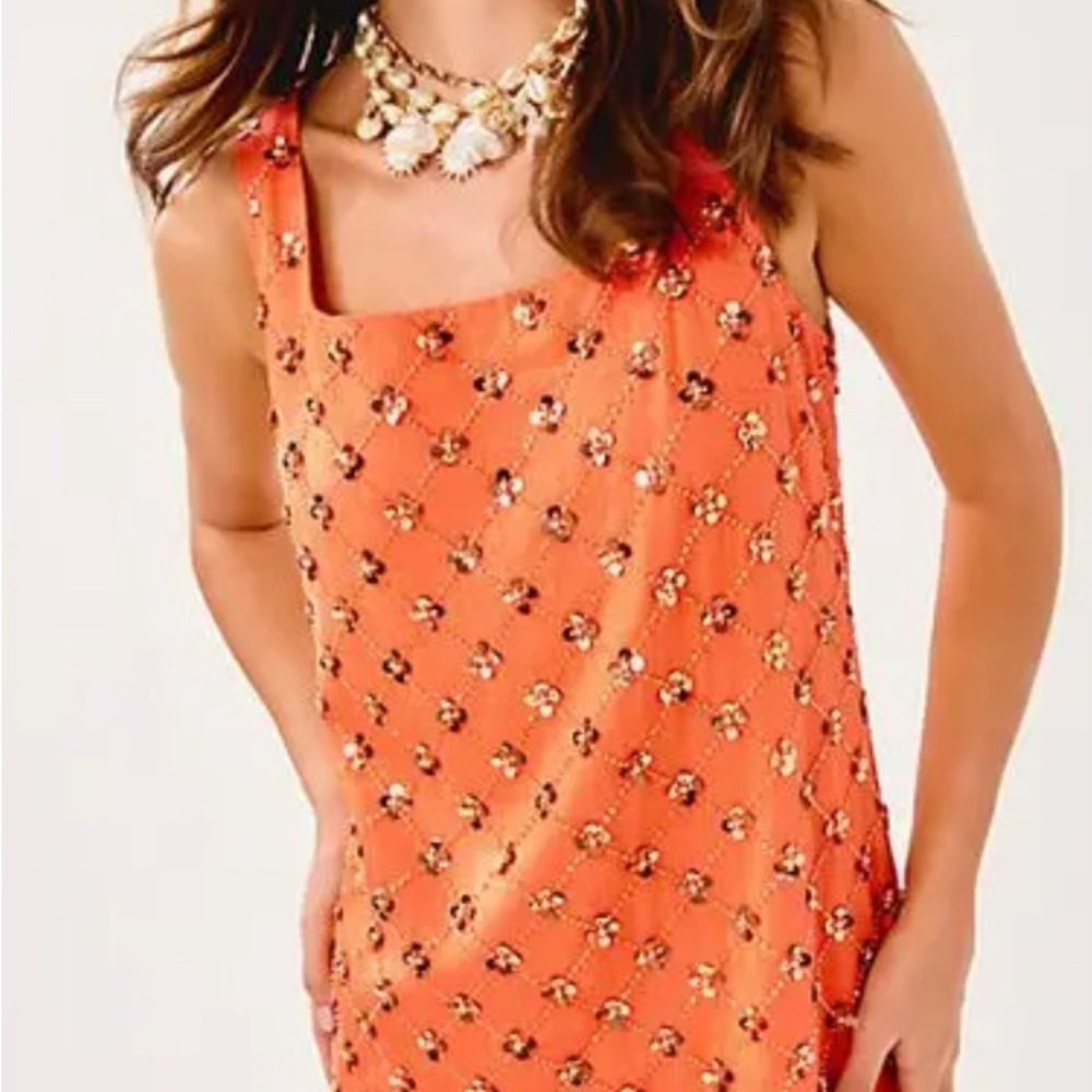 Lilly Pulitzer Orange Embellished Mini Dress Gold Beads size 10 - Picture 3 of 4